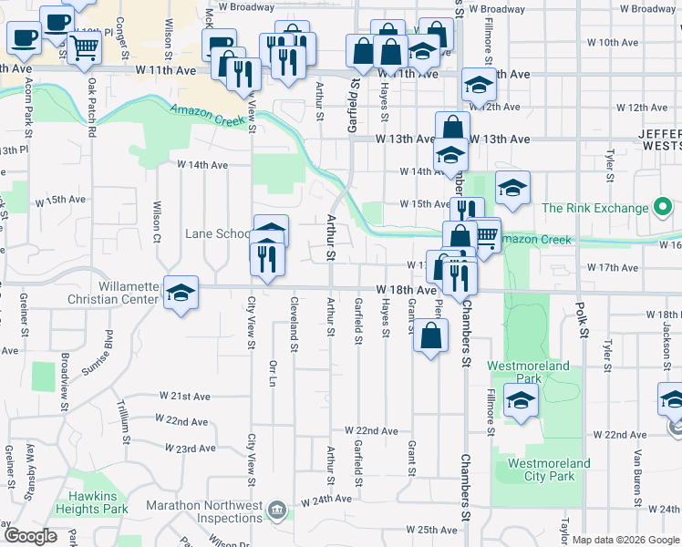 map of restaurants, bars, coffee shops, grocery stores, and more near 2019 West 17th Avenue in Eugene