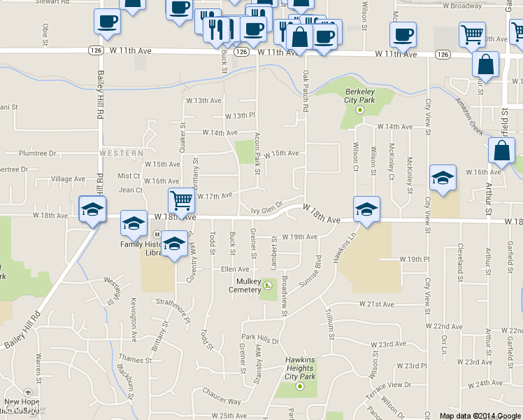 map of restaurants, bars, coffee shops, grocery stores, and more near 3076 West 17th Avenue in Eugene
