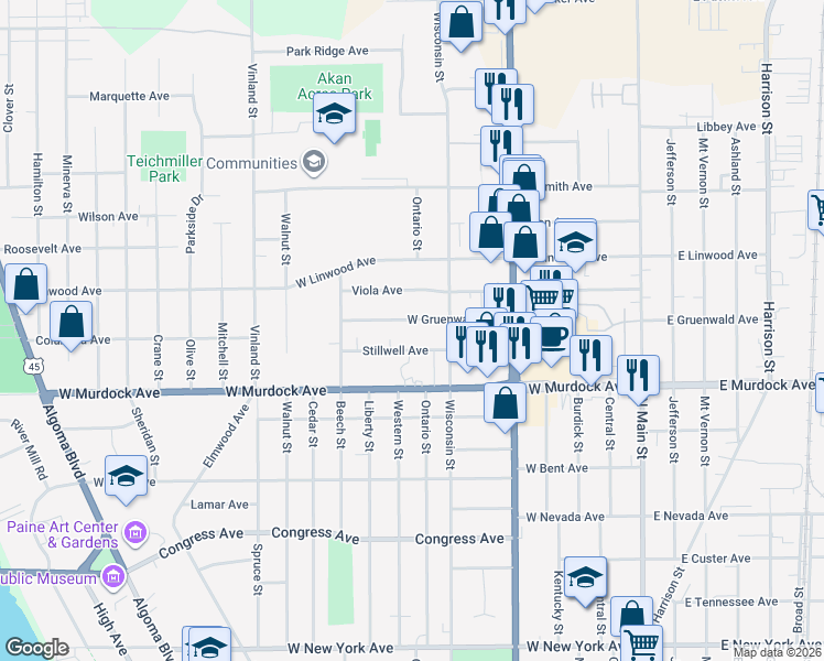 map of restaurants, bars, coffee shops, grocery stores, and more near 702 West Gruenwald Avenue in Oshkosh