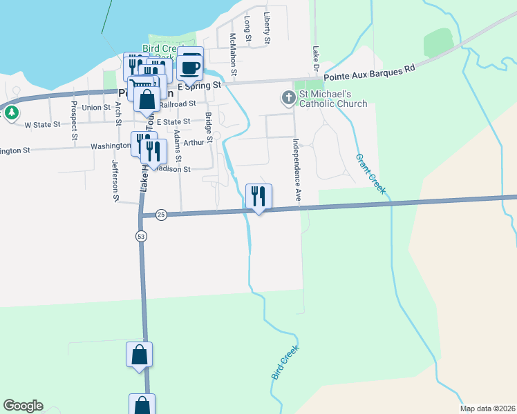 map of restaurants, bars, coffee shops, grocery stores, and more near 263 Grindstone Road in Port Austin