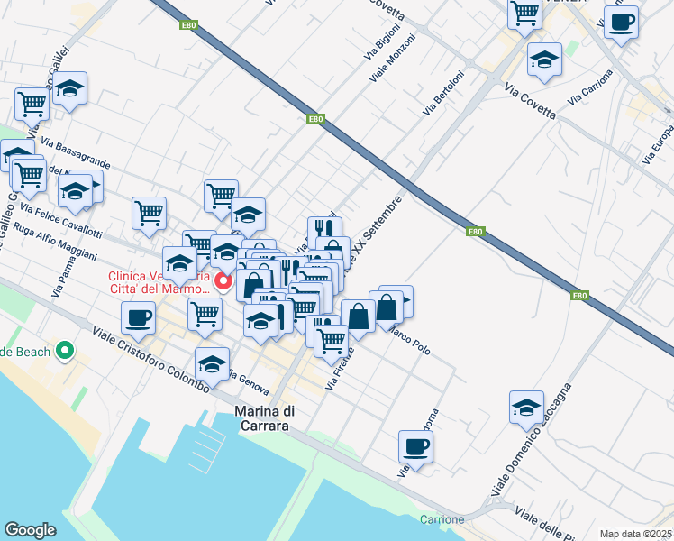 map of restaurants, bars, coffee shops, grocery stores, and more near 1 Via Nazario Sauro in Carrara