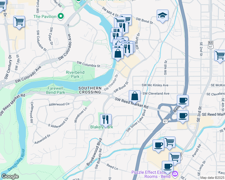 map of restaurants, bars, coffee shops, grocery stores, and more near 862 Southwest Crestline Drive in Bend