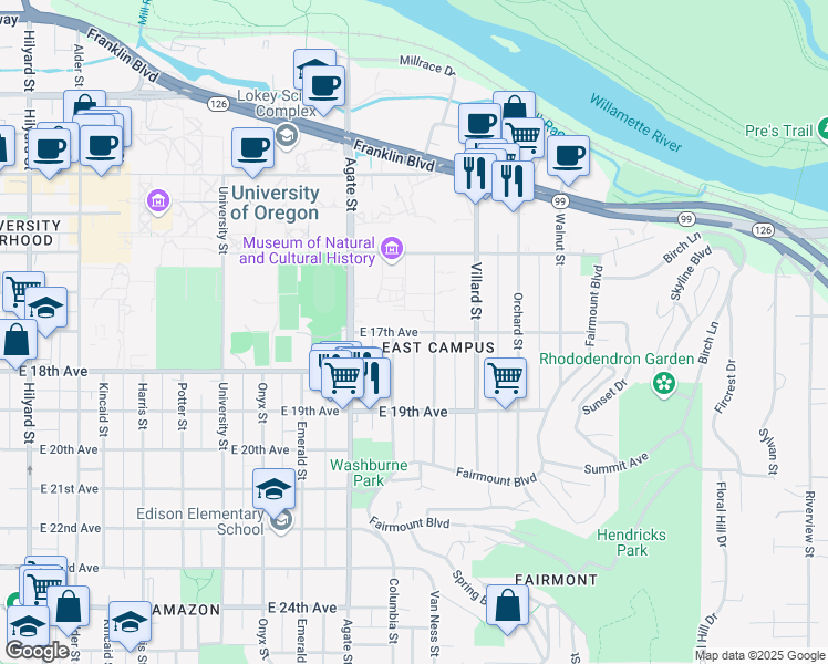 map of restaurants, bars, coffee shops, grocery stores, and more near 1745 East 17th Avenue in Eugene