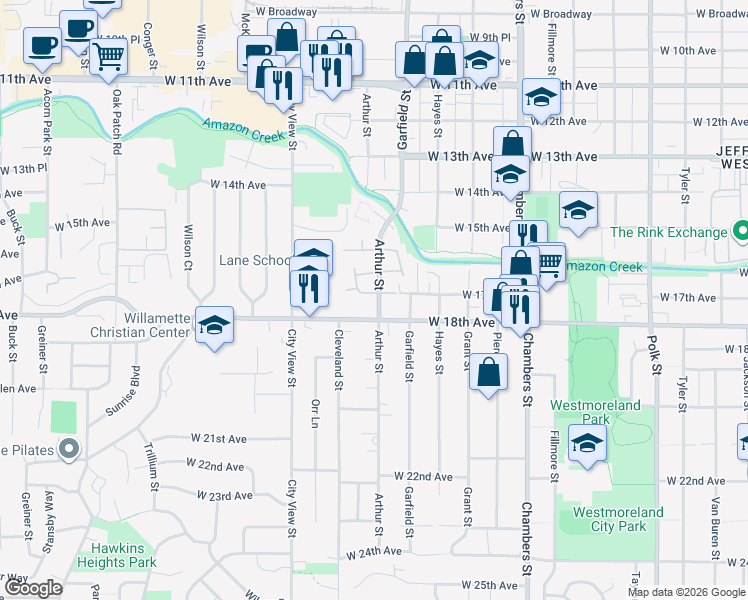 map of restaurants, bars, coffee shops, grocery stores, and more near 2125 West 17th Avenue in Eugene