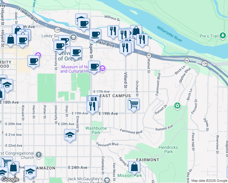 map of restaurants, bars, coffee shops, grocery stores, and more near East 17th Avenue & Moss Street in Eugene