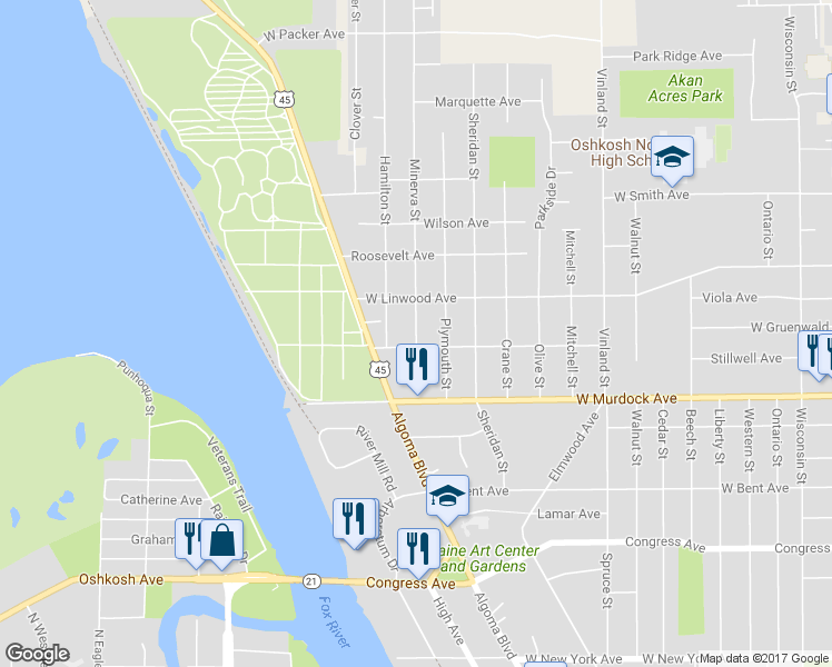 map of restaurants, bars, coffee shops, grocery stores, and more near 1926 Minerva Street in Oshkosh