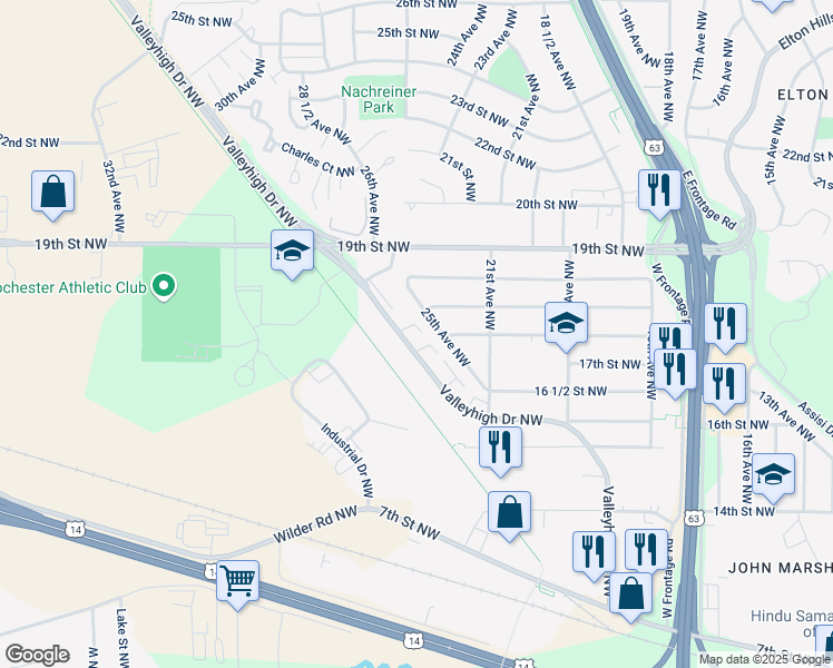 map of restaurants, bars, coffee shops, grocery stores, and more near 2411 Valleyhigh Drive Northwest in Rochester
