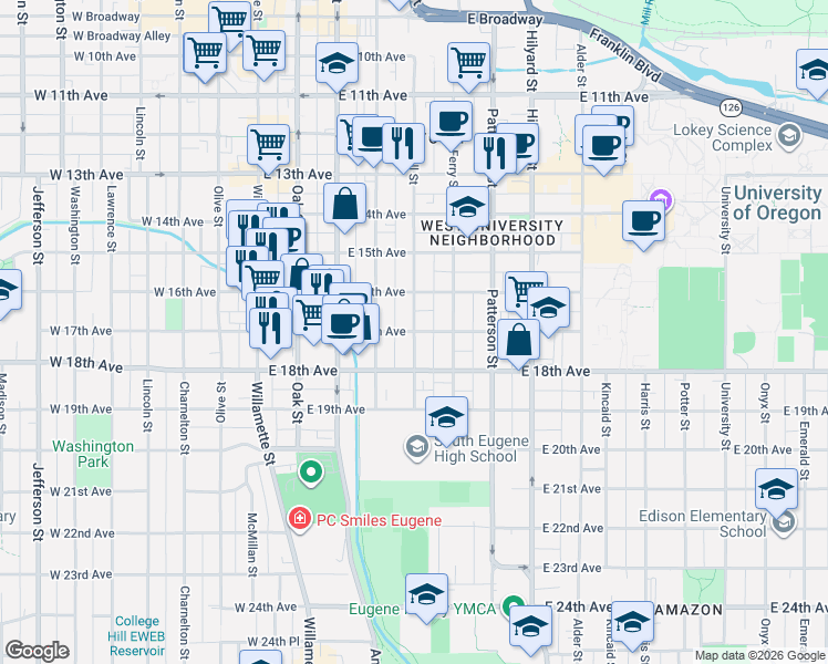 map of restaurants, bars, coffee shops, grocery stores, and more near 399 East 17th Avenue in Eugene