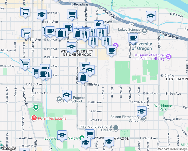 map of restaurants, bars, coffee shops, grocery stores, and more near 765 East 17th Avenue in Eugene