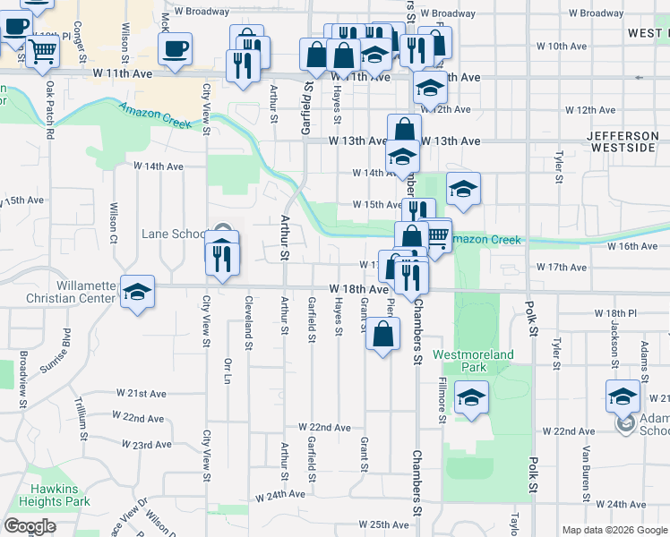 map of restaurants, bars, coffee shops, grocery stores, and more near 1910 West 17th Avenue in Eugene