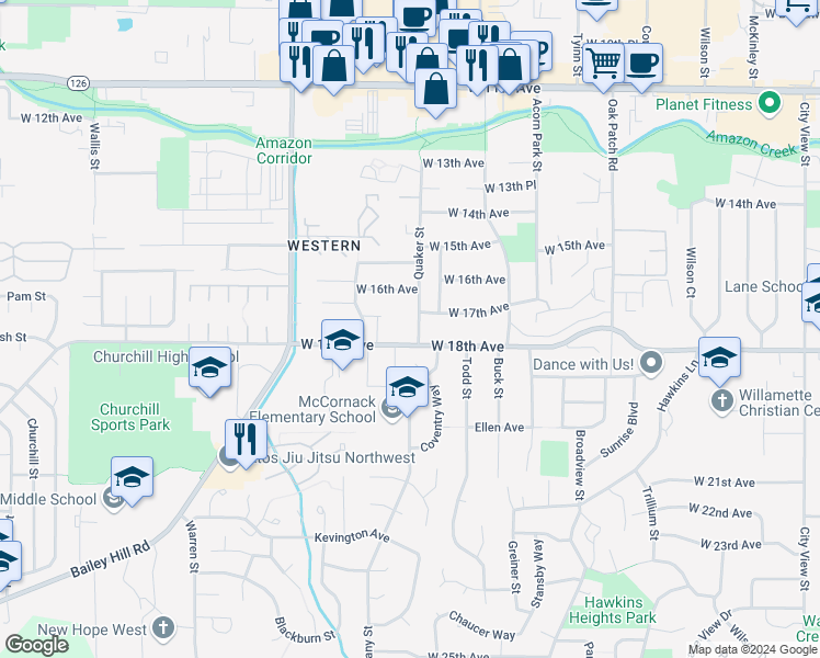 map of restaurants, bars, coffee shops, grocery stores, and more near 1756 Quaker Street in Eugene
