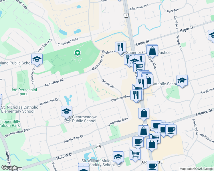 map of restaurants, bars, coffee shops, grocery stores, and more near 376 Rannie Road in Newmarket