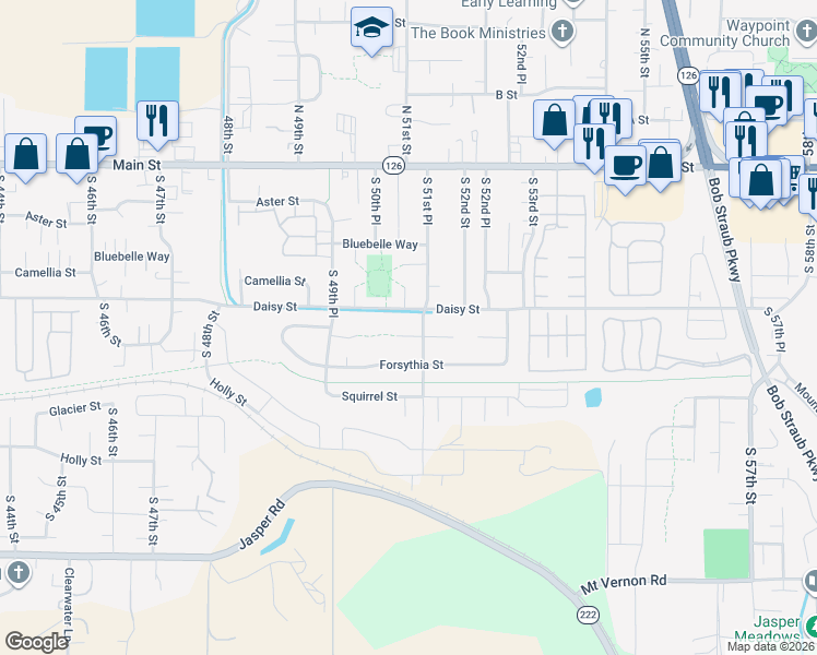 map of restaurants, bars, coffee shops, grocery stores, and more near 5085 Daisy Street in Springfield