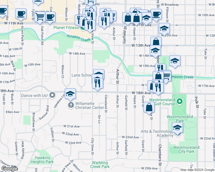 map of restaurants, bars, coffee shops, grocery stores, and more near 1638 Arthur Place in Eugene