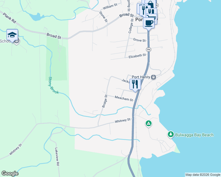 map of restaurants, bars, coffee shops, grocery stores, and more near 62 Bridge Street in Port Henry