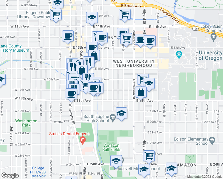 map of restaurants, bars, coffee shops, grocery stores, and more near 1694 Mill Street in Eugene