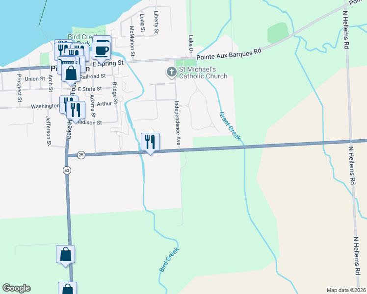 map of restaurants, bars, coffee shops, grocery stores, and more near 391 Grindstone Road in Port Austin