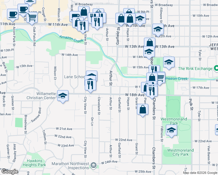 map of restaurants, bars, coffee shops, grocery stores, and more near 2125 West 17th Avenue in Eugene