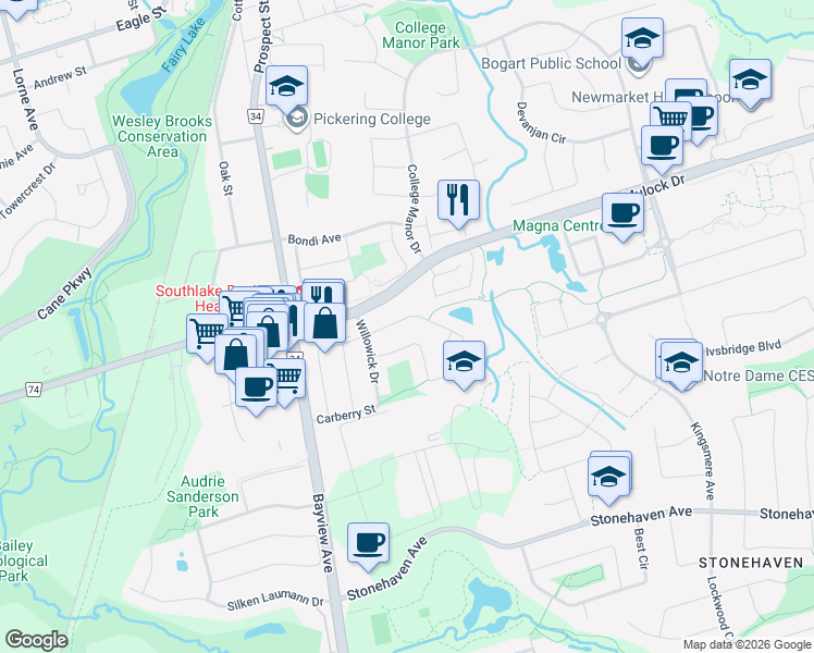 map of restaurants, bars, coffee shops, grocery stores, and more near 566 Walpole Crescent in Newmarket