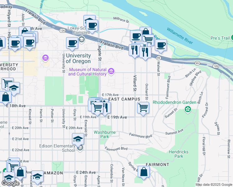 map of restaurants, bars, coffee shops, grocery stores, and more near 1751 East 17th Avenue in Eugene