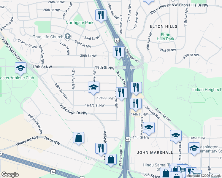 map of restaurants, bars, coffee shops, grocery stores, and more near 1812 18th Street Northwest in Rochester