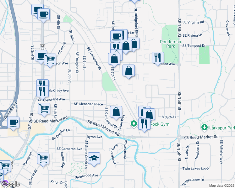 map of restaurants, bars, coffee shops, grocery stores, and more near 904 Southeast Stratford Court in Bend