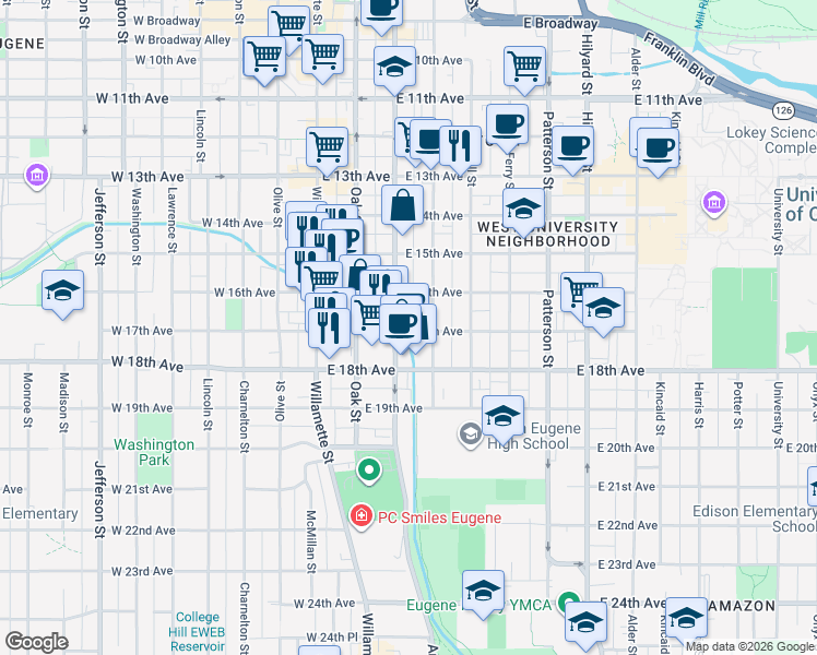 map of restaurants, bars, coffee shops, grocery stores, and more near 225 East 17th Avenue in Eugene