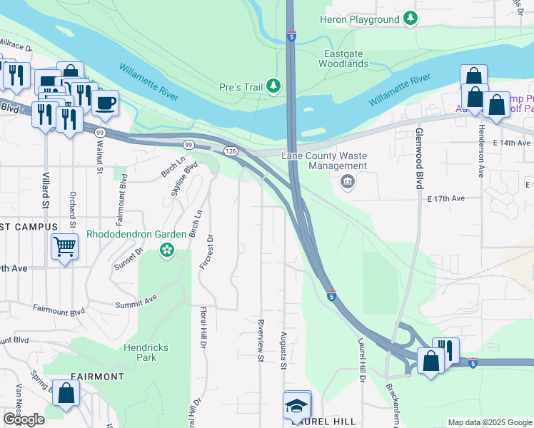 map of restaurants, bars, coffee shops, grocery stores, and more near 1625 Riverview Street in Eugene