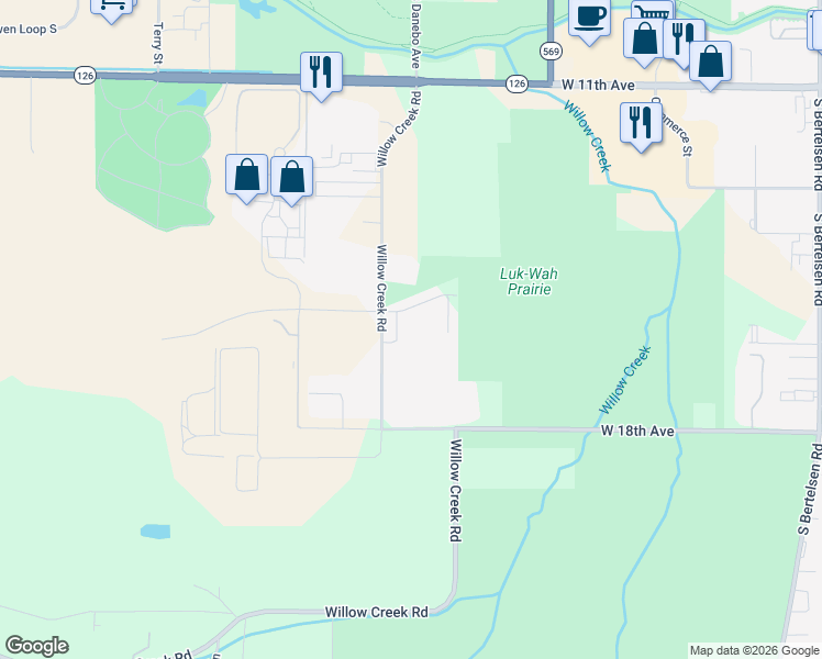 map of restaurants, bars, coffee shops, grocery stores, and more near 29826 Willow Creek Road in Eugene