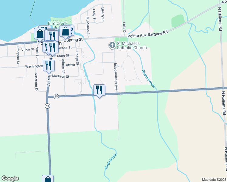 map of restaurants, bars, coffee shops, grocery stores, and more near 391 Grindstone Road in Port Austin