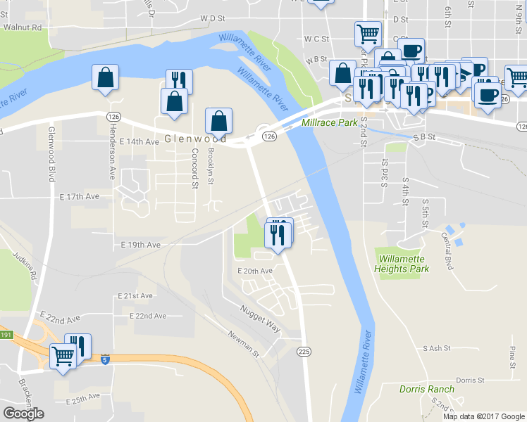 map of restaurants, bars, coffee shops, grocery stores, and more near 4530 Franklin Boulevard in Eugene