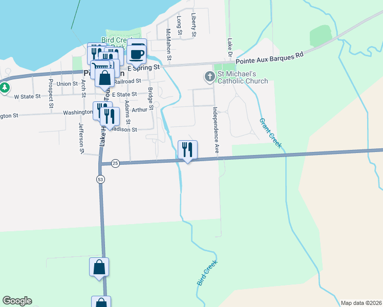 map of restaurants, bars, coffee shops, grocery stores, and more near 263 Grindstone Road in Port Austin