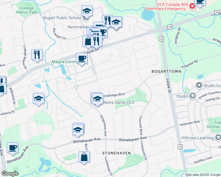 map of restaurants, bars, coffee shops, grocery stores, and more near 966 Northern Prospect Crescent in Newmarket