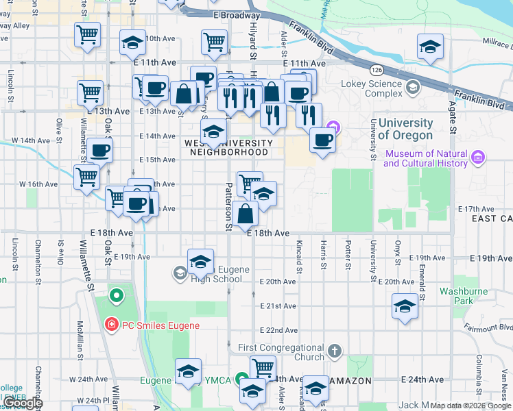 map of restaurants, bars, coffee shops, grocery stores, and more near 707 East 17th Avenue in Eugene