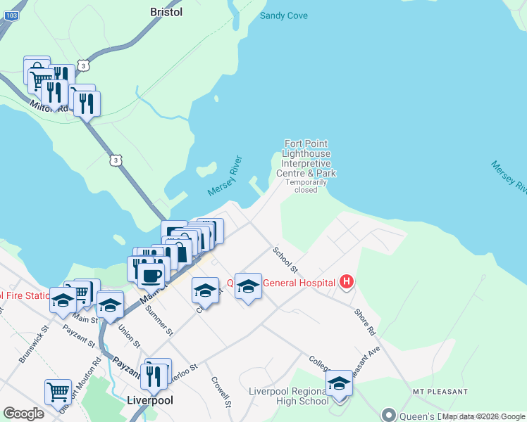 map of restaurants, bars, coffee shops, grocery stores, and more near 71 Main Street in Liverpool
