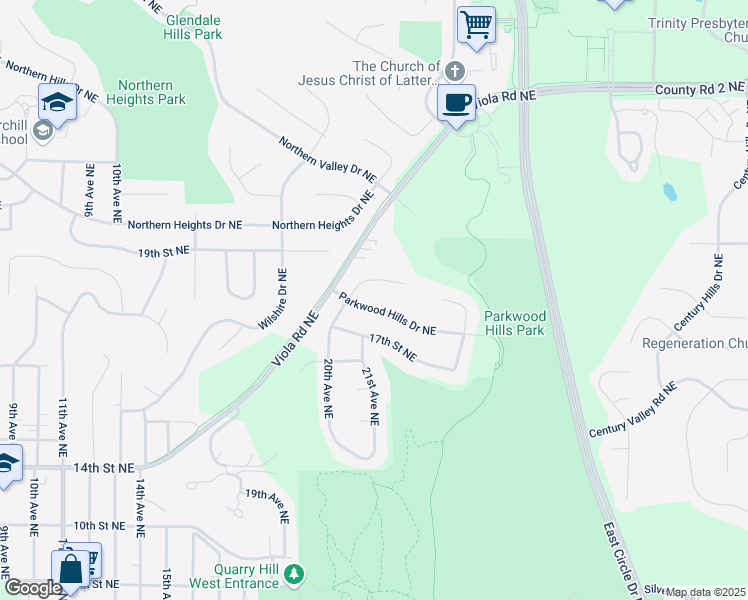 map of restaurants, bars, coffee shops, grocery stores, and more near 1814 20th Avenue Northeast in Rochester