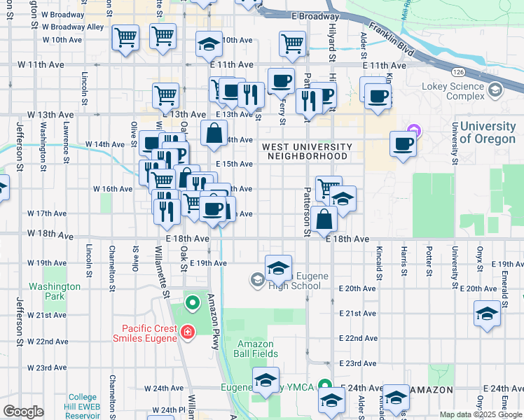 map of restaurants, bars, coffee shops, grocery stores, and more near 1654 Mill Street in Eugene