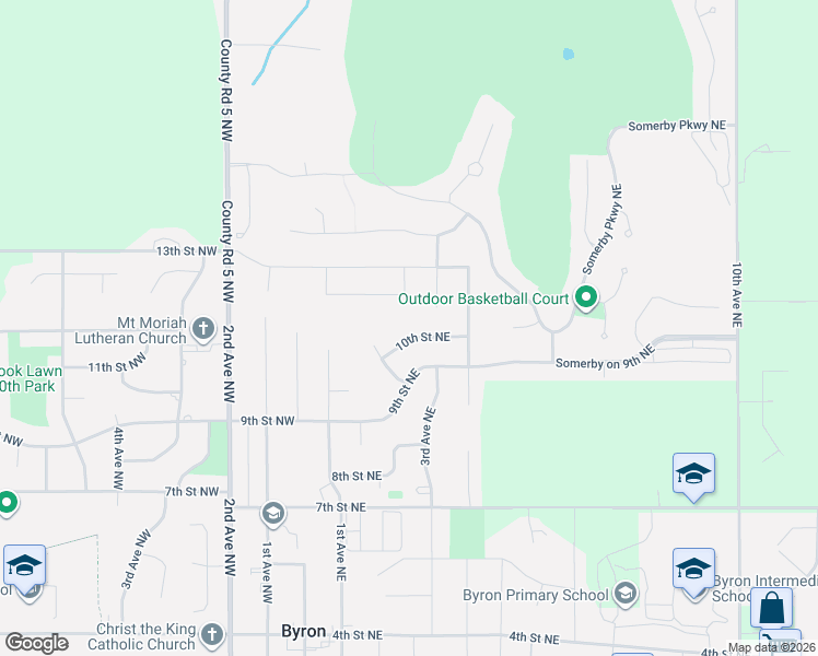 map of restaurants, bars, coffee shops, grocery stores, and more near 245 10th Street Northeast in Byron