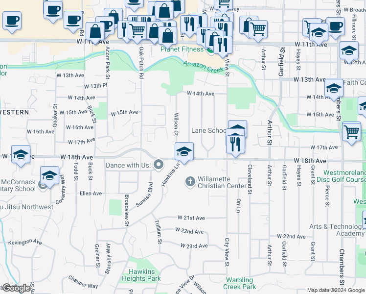 map of restaurants, bars, coffee shops, grocery stores, and more near 1708 Wilson Street in Eugene