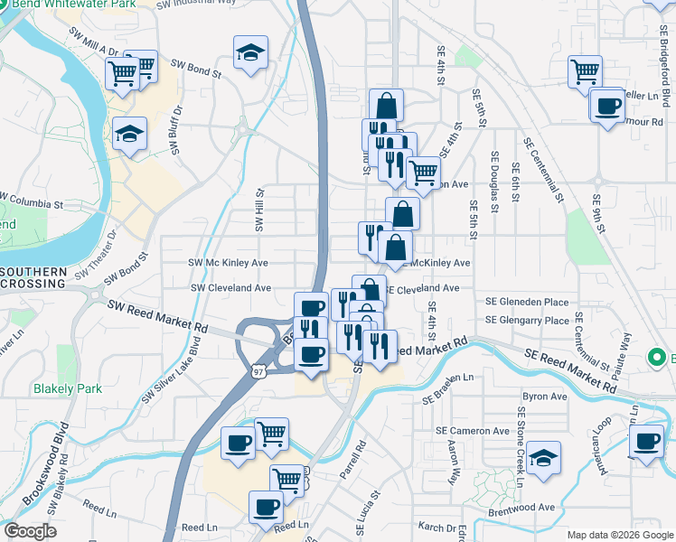 map of restaurants, bars, coffee shops, grocery stores, and more near 135 Southeast McKinley Avenue in Bend