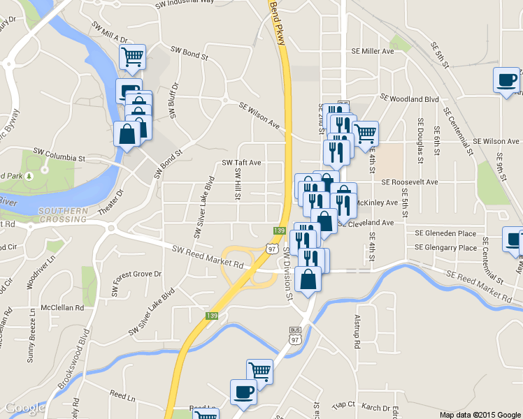 map of restaurants, bars, coffee shops, grocery stores, and more near 35 Southwest Mc Kinley Avenue in Bend