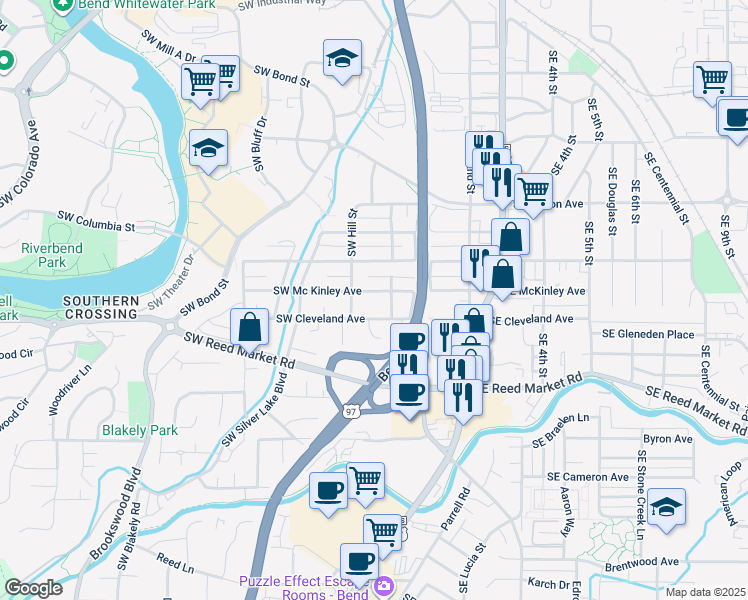 map of restaurants, bars, coffee shops, grocery stores, and more near 35 Southwest Mc Kinley Avenue in Bend