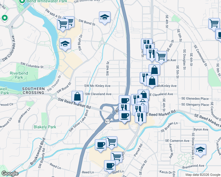 map of restaurants, bars, coffee shops, grocery stores, and more near 35 Southwest Mc Kinley Avenue in Bend