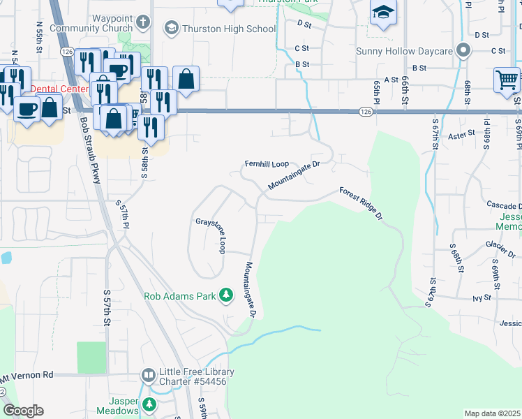map of restaurants, bars, coffee shops, grocery stores, and more near 6143 Forest Ridge Drive in Springfield