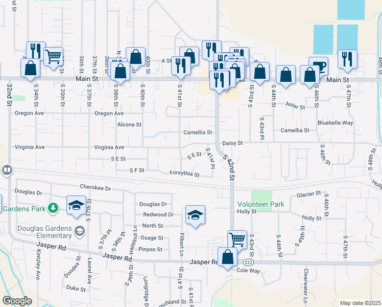 map of restaurants, bars, coffee shops, grocery stores, and more near 4122 South E Street in Springfield