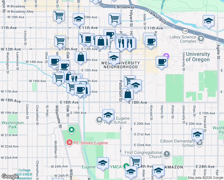 map of restaurants, bars, coffee shops, grocery stores, and more near 6168 Ferry Street in Eugene