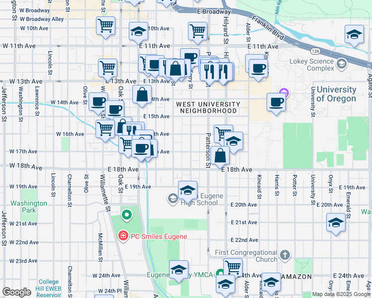 map of restaurants, bars, coffee shops, grocery stores, and more near 6168 Ferry Street in Eugene