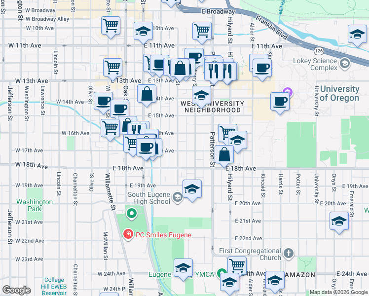 map of restaurants, bars, coffee shops, grocery stores, and more near 6168 Ferry Street in Eugene