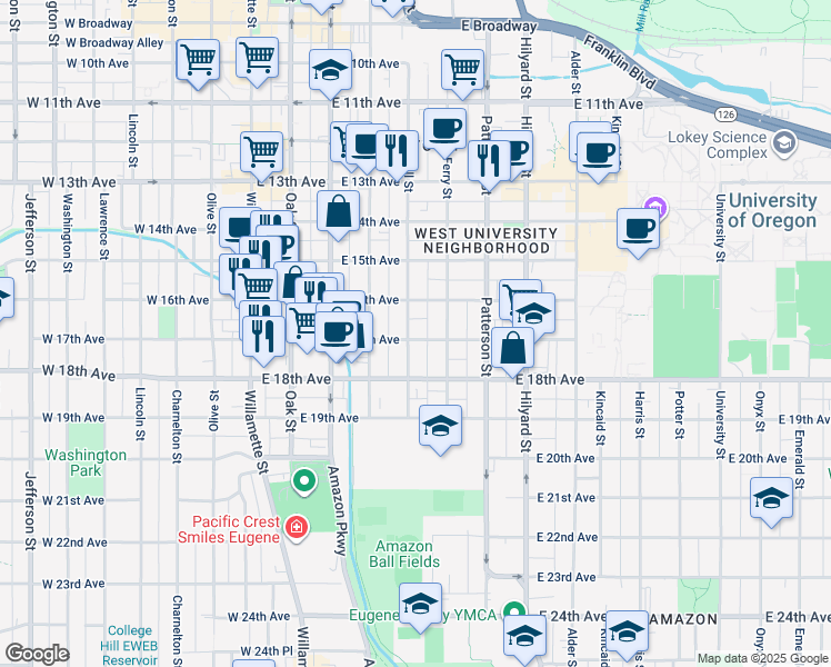 map of restaurants, bars, coffee shops, grocery stores, and more near 1654 Mill Street in Eugene