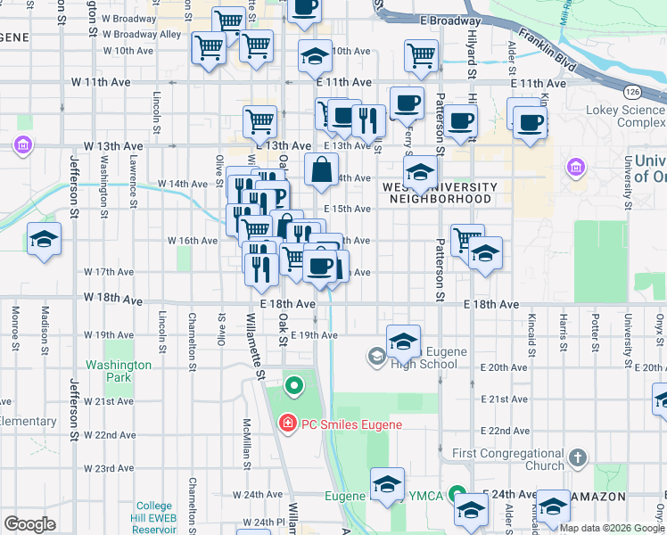 map of restaurants, bars, coffee shops, grocery stores, and more near in Eugene